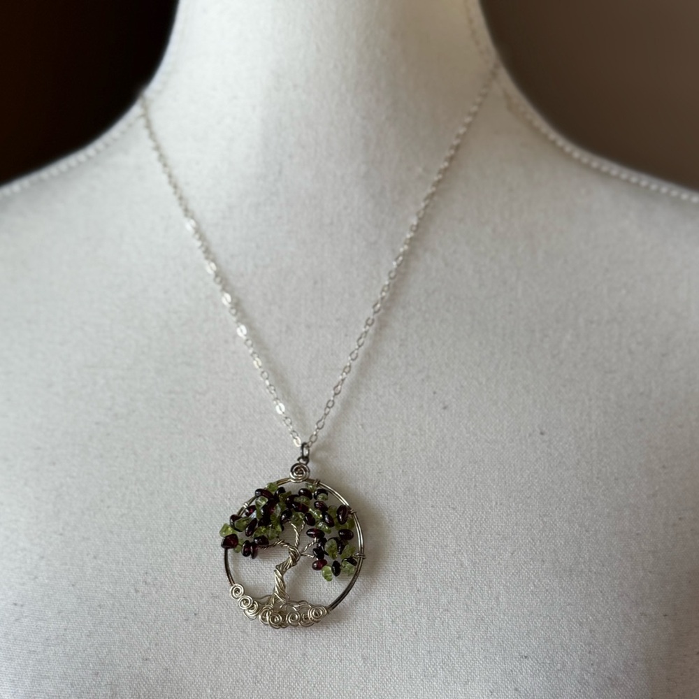 Tree of Life Pendant Necklace-Peridot & Garnet Chip Beads and Twisted Wire